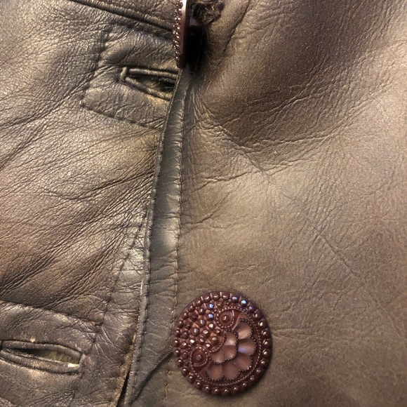 New Vintage European 90s Y2K brown leather shearling crop short jacket S Small - Picture 11 of 11